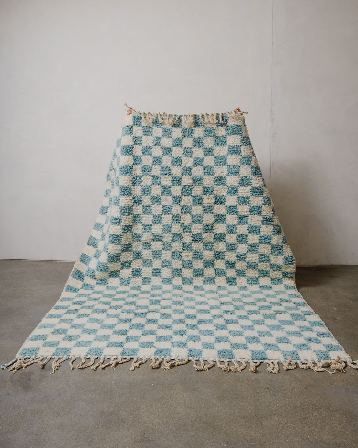 Checkered rug in cream and robin's egg blue held up in front of a plain wall.